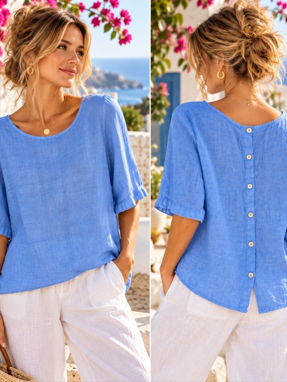 La Contessa 100% Linen Blue Button Back Top Made in Italy S Estimated